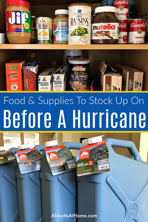 Image of a pantry stocked with food and large water storage containers. Text says "Food & Supplies to Stock Up On Before a Hurricane". Storm Preparedness, Storm Prep, Emergency Preparedness Food Storage, Survival Skills Emergency Preparedness, Emergency Preparedness Food, Water Storage Containers, Emergency Prepardness, Food Supplies, Emergency Preparedness Kit