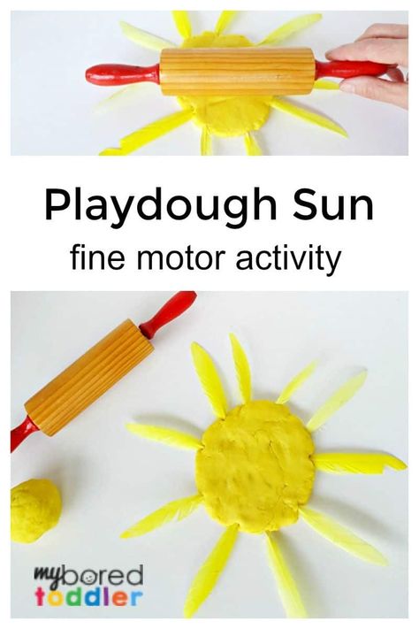 Playdough Sun Fine Motor Activity for Toddlers: A simple playdough activity, perfect for strengthening those fine motor muscles in fingers and hands.  #toddlers #myboredtoddler #playdough #toddleractivities Simple Playdough, Playdough Activity, Sun Activity, Summer Activities For Toddlers, Child Development Activities, Sun Crafts, Fine Motor Activity, Fine Motor Activities For Kids, Handwriting Activities