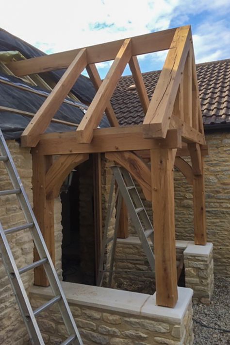 Steading Conversions, Oak Porches, House Porch Design, Oak Porch, Timber Frame Porch, Timber Frame Joinery, Ivy Cottage, Rustic Stairs, House Porch