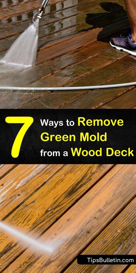 We’ve got handy tips and recipes for removing that nasty green mold and mildew off your deck. Follow a few simple steps using vinegar, oxygen bleach, baking soda, and dish detergent to scrub away those green stains. #removegreenmoldfromdeck #howtocleanadeck #cleaningmoldoffadeck Cleaning Deck Wood, Mold Remover On Wood, Wood Deck Patio, Deck Wood, Mold And Mildew Remover, Deck Cleaner, Deck Maintenance, Deck Cleaning, Porch Wood