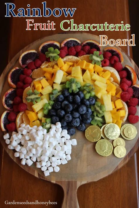 Rainbow Fruit Charcuterie Board - Garden Seeds and Honey Bees Fruit Charcuterie Board, Fruit Charcuterie, Rainbow Fruit, Nutter Butter, Chocolate Coins, Honey Bees, Orange Peel, Garden Seeds, Charcuterie Board