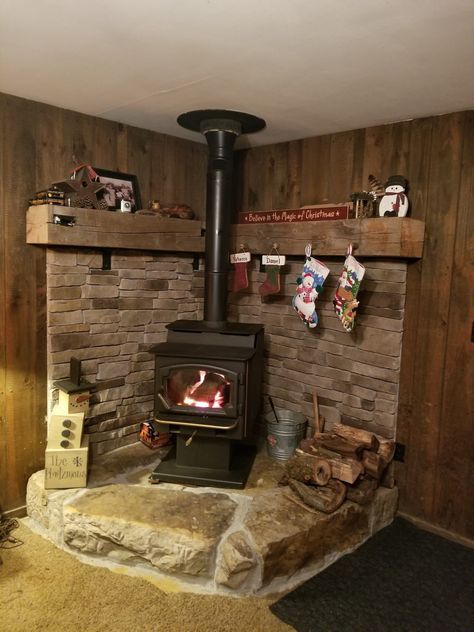 Rock Hearth For Wood Stove, Freestanding Stove Fireplace Ideas, Propane Wood Stove, Wood Stove Hearth Ideas Farmhouse, Wood Stove Back Wall Ideas, Cabin Wood Stove, Corner Wood Burning Stove, Wood Stove Ideas, Wood Stove Heat Shield