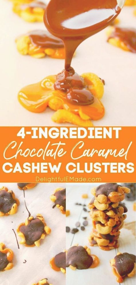 This Chocolate Covered Cashews recipe are simply made with just 4 ingredients, making them the perfect quick and easy treat! These caramel cashews are fantastic for gifting, cookie exchanges, holiday parties or anytime you need to satisfy your sweet tooth! || Delightful E Made Cashew Recipes Snacks, Cashews Recipes Snacks, Caramel Cashew Clusters, Chocolate Covered Snacks, Chocolate Covered Cashews, Cashew Clusters, Caramel Cashew, Pumpkin Dump Cake Recipe, Cashew Recipes