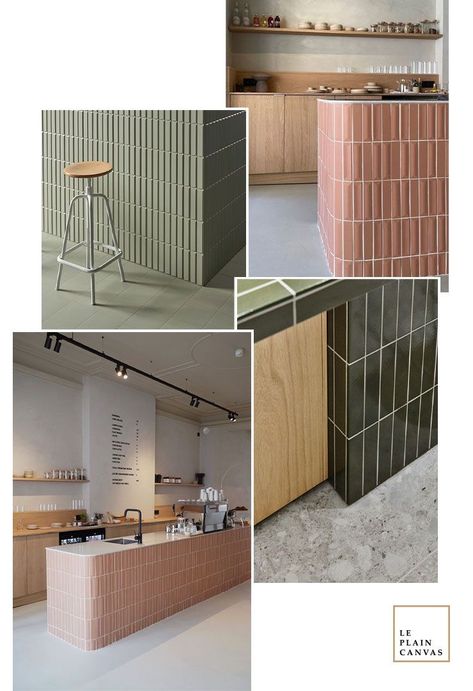 Long Tiles Kitchen Floor, Tiled Reception Counter, Mid Century Modern Store Design, Tiled Bar Counter, Tile Reception Desk, Elegant Kitchen Design Modern, Mid Century Cafe, Mid Century Modern Cafe, Contemporary Cafe