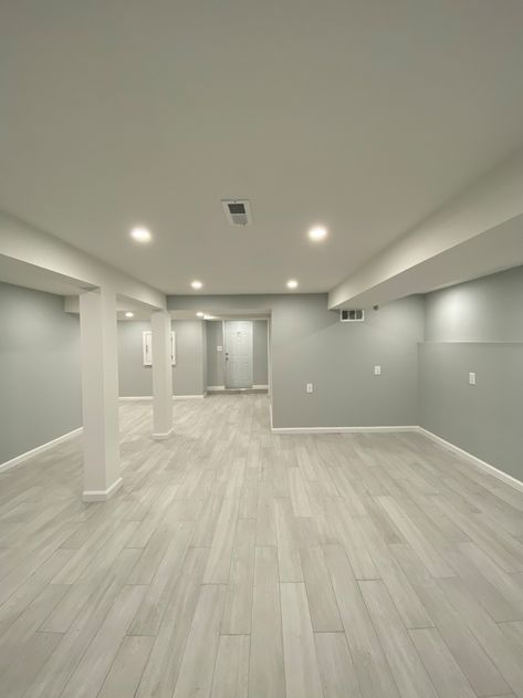 Modern Basement Living Room Ideas, Basement Apartment Renovation, Hardwood Floor Basement, Gray Floor Basement Ideas, Finished Basement Flooring Ideas, Basement Paint Ideas Color Schemes, Small Basement Paint Colors, Finished Basement Flooring, Finished Basement Colors Schemes