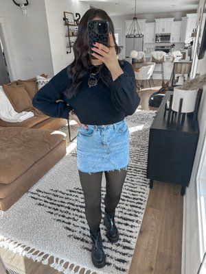 Check out this look I found on LTK https://liketk.it/4nB2a Download the LTK app to see! Doc Martens And Skirt, Lined Tights Outfit, Denim Skirt Outfit Casual, Skirt And Tights Outfit, Mini Skirt Outfit Fall, Denim Skirt Outfit Fall, Doc Martens Outfit Fall, Denim Mini Skirt Outfit, Skirt Outfit Casual