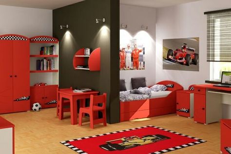 Formula 1 bedroom Formula 1 Room, Boy Car Room, Car Themed Rooms, Boy Room Themes, Best Bedroom Designs, Themed Kids Room, Cars Room, Man Room, Big Boy Room