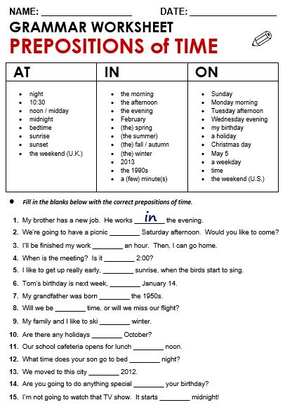 Time: At / In / On - All Things Grammar Preposition Of Time, Preposition Worksheets, English Prepositions, English Grammar Exercises, Grammar For Kids, Grammar Exercises, Teaching English Grammar, English Exercises, Time Worksheets