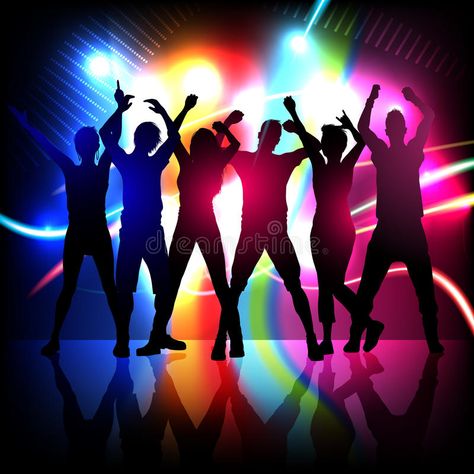 Illustration about Silhouettes of party people dancing on stage with disco light. Illustration of eps10, beam, celebration - 40833552 Party People Dancing, Rainbow Color Background, Rainbow Explosion, Mental And Physical Health, Italo Disco, Female Dancers, Disco Music, People Dancing, Disco Lights