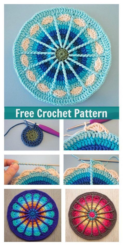 Spoke Mandala Free Crochet Pattern #freecrochetpatterns #homedecor #giftidea Crochet Mandala Pattern, Crochet Circles, Crochet Square Patterns, Crochet Mandala, Granny Square Crochet Pattern, Crochet Flower Patterns, Crochet Square, Crochet Squares, Crochet Coasters