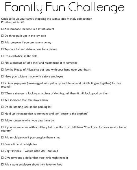I made this fun family challenge game for a little friendly competition among siblings while shopping.  Winner got to pick the place for dinner! Store Challenges With Friends, Fun Things To Do With Siblings, Games To Play With Siblings, Challenged To Do With Friends, Friend Hangout, Family Challenges, Fake Family, Family Vacation Tshirts, August Challenge