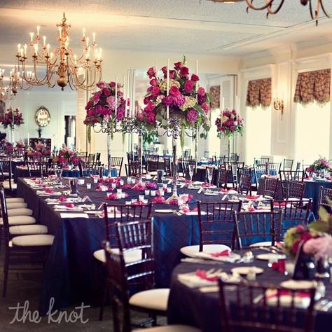 Navy pintuck linens, silver candleholders and lush magenta centerpieces decorated the tables. Magenta Decor, Fuschia Wedding, Magenta Wedding, Fuchsia Wedding, Wedding Reception Decor, Rose Centerpieces, 2024 Prom, April Wedding, Inspirational Photos