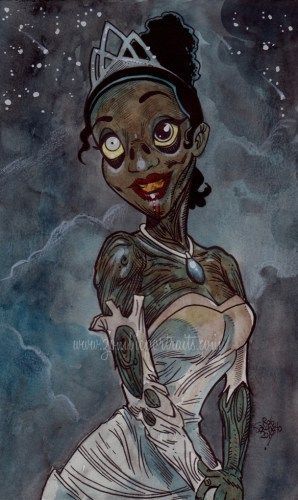 Tiana [as a zombie] (Drawing by ZombiePortraits) #ThePrincessAndTheFrog Zombie Disney Princess, Disney Princess Zombie, Bad Disney, Scary Disney, Disney Zombie, Creepy Disney, Twisted Princesses, Twisted Disney Princesses, Zombie Princess