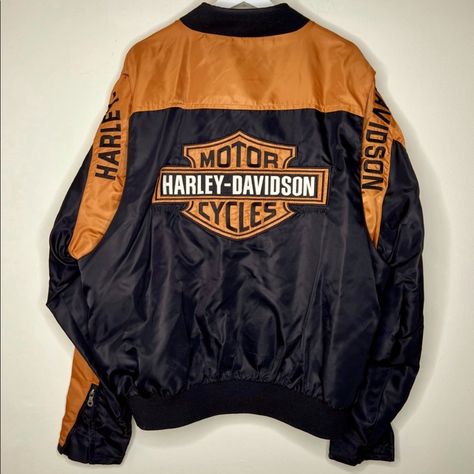 Vintage Men’s Harley Davidson Nylon Bomber Jacket. Size Large. Color: Orange And Black Sateen. Inside Is Made With A Soft Mesh. Each Individual Coat Was Handmade And Stitched With Great Detail. In Excellent, Used Condition. All Zippers Work, No Tears. No Stains. It Is Elasticized At Waist But Is Roomy In The Body. It Basically Looks Brand New!! It’s Such An Iconic And Times Less Piece. I Am Almost Positive They Have Been Discontinued And Retired From All Stores Now If You Have Any Questions, Ple Harley Davidson Jacket, American Legend, Vintage Harley Davidson, Vintage Harley, Orange Black, Vintage Men, Harley Davidson, Zip Ups, Mens Jackets