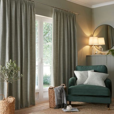 Sage Office Decor, Taupe And Green Living Room, Sage Green Curtains Living Room, Green Curtains Living Room, Green Curtains Bedroom, Curtains For Grey Walls, Sage Green Curtains, Sage Curtains, Green Sofa Living Room