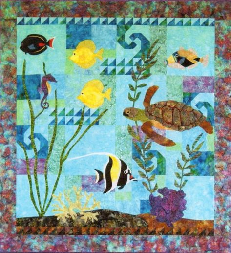 Life on the Reef Wall Quilt Kit Fish Quilt Patterns, Hawaiian Applique Quilt, Ocean Quilt, Wall Quilt Patterns, Fish Quilt, Sea Quilt, Round Robin, Hawaiian Quilts, Applique Quilt