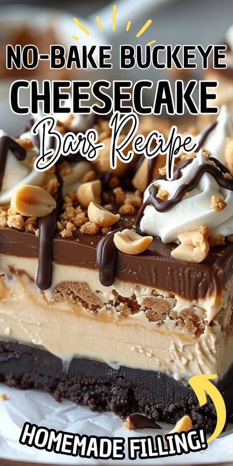 No-Bake Buckeye Cheesecake Bars Peanut Butter Cheesecake Cookie Bars, Buckeye Dessert Recipes, I Am A Baker Recipes, No Bake Buckeye Bars, Buckeye Cake Recipe, No Bake Turtle Mini Cheesecakes, No Bake Buckeye Cheesecake, Buckeye Bars Recipe Easy, No Bake Buckeye Cheesecake Bars