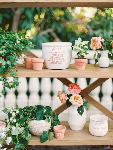 Read More: https://www.stylemepretty.com/2020/12/05/the-terracotta-themed-escort-card-display-every-plant-obsessed-couple-needs-to-see/ Mindy Rice Design, Card Displays, Chart Ideas, Private Estate Wedding, Hydrangea Colors, Card Display, Wedding 2024, Seating Plan, Pizza Party