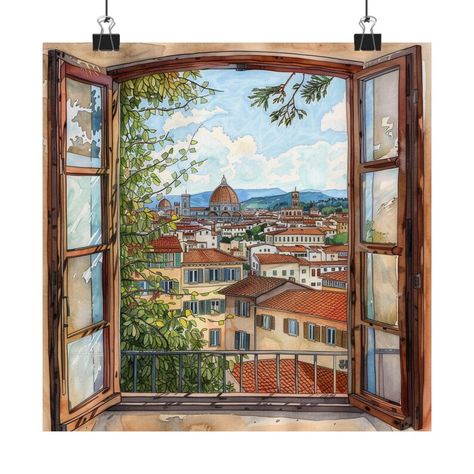 Florence Cityscape Art Print, Italy Painting, Italian Window View Print, Italy Wall Art, Florence Travel Art, Italy Decor Italy Decor, Florence Art, Florence Travel, Italy Wall Art, Building Drawing, Italy Painting, Cityscape Art, Window View, Window Painting