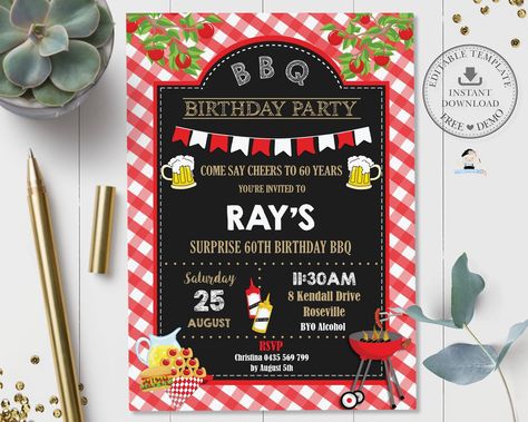 BBQ Party Invitation, EDITABLE TEMPLATE, Backyard Barbecue Surprise Birthday Invite Diy Printable, Red Gingham Pdf Instant Download, BQ1 by TheHappyCatStudio on Etsy Bbq Birthday Party, Birthday Party Invitations Diy, Bbq Birthday, Bbq Party Invitations, Backyard Bbq Party, Surprise Birthday Invitations, 70th Birthday Invitations, Surprise Birthday Party, Birthday Invitations Diy