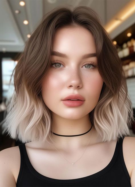 Shoulder-length Ombre Waves with Middle Part, haircut for round face Waves With Middle Part, Haircuts Middle Part, Cute Haircuts For Round Faces, Middle Part Haircut, Haircut For Round Face, Shoulder Length Haircuts, Haircuts For Round Faces, Rich Brunette, Ash Blonde Balayage