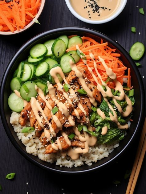 This irresistable Chicken Bowl blends healthy ingredients, such as steamed edamame, fresh veggies, and tender chicken chunks. It's all beautifully arranged on a bed of fluffy rice and topped with a spicy Sriracha mayo dressing. Perfect for a nourishing lunch or a light dinner. Healthy Food With Chicken, Sriracha Chicken Bowl, Siracha Chicken Bowl, Chicken Veggie Rice Bowl, Sriracha Mayo Chicken, Chicken Sushi Bowl, Chicken And Edamame Recipes, Edamame Chicken Bowl, Chicken Edamame Bowl