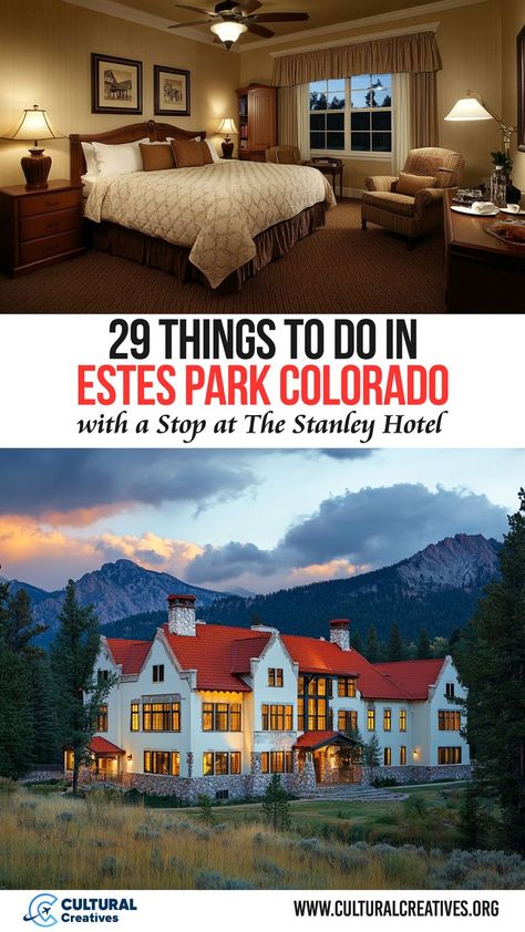 A cozy hotel room and a scenic view of The Stanley Hotel set against mountain peaks, showcasing 29 Things to Do in Estes Park Colorado with a Stop at The Stanley Hotel. Stanley Hotel Colorado, Estes Park Restaurants, Stanley Hotel, The Stanley Hotel, 2025 Spring, Colorado Summer, Stunning Scenery, Estes Park Colorado, Colorado Travel