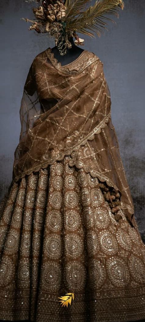 Brown Sequin Lehenga, Coffee Brown Lehenga, Brown Lehnga Outfit, Brown Lengha, Copper Lehenga, Bridal Lehenga Latest, Modern Lehenga Designs, Brown Lehenga, Marriage Clothes