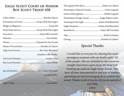 Court Of Honor Program, Administrative Assistant Job Description, Eagle Court Of Honor, Boy Scout Activities, Eagle Ceremony, Eagle Scout Court Of Honor, Boy Scouts Eagle, Boy Scouts Merit Badges, Eagle Scout Ceremony