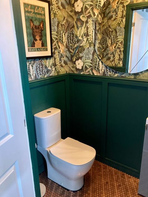 Downstairs Wc Wallpaper, Understairs Toilet Wallpaper, Funky Toilet Wallpaper, Green Wallpaper Toilet, Jungle Downstairs Toilet, Downstairs Toilet Ideas Small Quirky, Understairs Toilet Panelling, Crazy Downstairs Toilet, Quirky Cloakroom Toilet Ideas