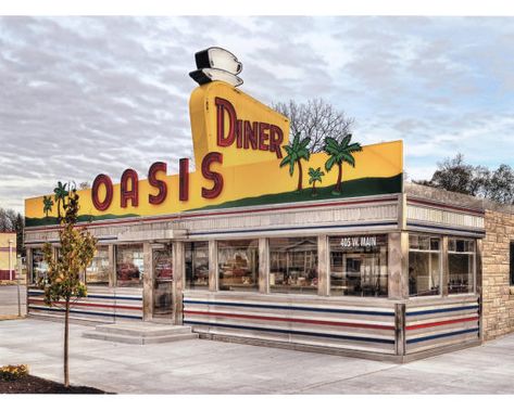 Oasis Diner American Diner Exterior, Diner Exterior, Kansas City Bars, Oasis Springs, Loveless Cafe, Roadside America, Plate Of Food, Town Aesthetic, 50s Diner