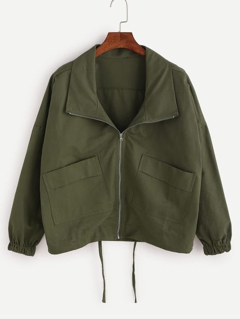 Drawstring Coat, Short Sleeve Coat, Olive Green Coat, Army Green Coat, Drop Shoulder Coat, Autumn Jacket Women, Olive Green Jacket, Army Green Jacket, Cooler Look