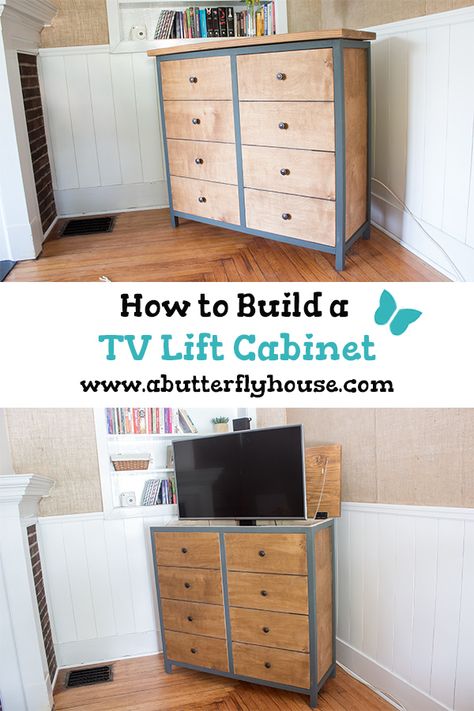 Want a hidden TV? Build an affordable DIY TV Lift Cabinet with this complete tutorial! #Furniture Diy Tv Lift Cabinet, Hide Your Tv, Simple Woodworking Projects, Tv Lift Cabinet, Tv Ideas, Diy Furniture Flip, Cabinet Diy, Plywood Projects, Living Room Transformation