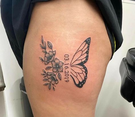 Thigh Butterfly Tattoo Women, Butterfly Tattoo With Numbers, Butterfly Date Tattoo, Half Butterfly Half Angel Wing Tattoo, Women Thigh Tattoos Ideas Beautiful, Line Tattoo Spine, Momma Tattoo Ideas, Arm Tattoos For Women Meaningful, Simple Thigh Tattoos