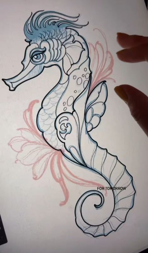 Seahorse Tattoo Design, Project Worksheet, Seahorse Illustration, Seahorse Drawing, Bio Organic Tattoo, Seahorse Tattoo, Organic Tattoo, Pirate Tattoo, Food Tattoos