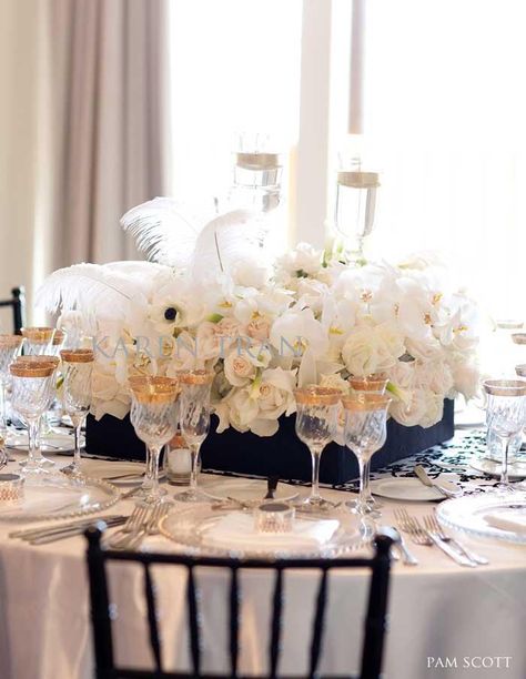 Flower arrangement with touch of feathers Expensive Flowers, Dinner Reception, Feather Centerpieces, Charlotte Wedding, 65th Birthday, White Feathers, Reception Ideas, Table Arrangements, Flower Centerpieces