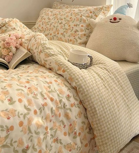 Garden Orange Floral Cotton Duvet Cover Set Vintage - Etsy UK Cherry Bed, Girl Bed, Blue Bedding Sets, Floral Bedding Sets, Queen Size Duvet Covers, Flower Bedding, Girls Rooms, Office Office, Twin Bed Sets