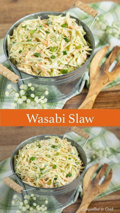 All the creaminess of a mayonnaise-based dressing and the crunch of cool crisp cabbage but it is set apart by the addition of wasabi. The earthy heat melds with the creamy dressing and gives just the right amount of punch. #compelledtocook #coleslaw #cabbage #wasabi #recipe #recipeblog #summerfood #salads #potluck #bbqsalad #creamydressing #glutenfreesalad #vegetariansalad #sidedish #cabbagesalad #cabbageslaw #easyrecipe Creamy Wasabi Dressing, Wasabi Slaw Recipe, Fresh Slaw Recipe, Recipes Using Wasabi, Recipes With Wasabi, Wasabi Dressing Recipe, Wasabi Salad Dressing, Salads Potluck, Meals With Recipes