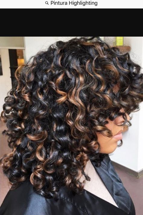 Curly Hair Skunk Highlights, Highlights For Dark Brown Hair Short, Afro Hair Highlights, Hair Dye Ideas For Black Hair, Curly Highlights, Curly Color, Curly Hair Beauty, Dyed Curly Hair, Highlights Curly Hair