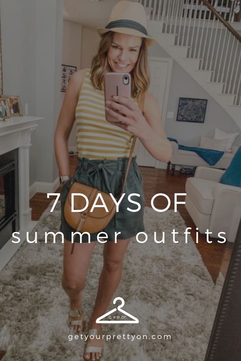 7 Days of Summer Outfits from Get Your Pretty On #gypo #getyourprettyon #capsulewardrobe #summerstyle Yellow Striped Shirt, Hello July, Simple Summer Style, Your Pretty, Outfit Formulas, Ideas Outfit, Style Inspiration Summer, Style Challenge, Holiday Wardrobe