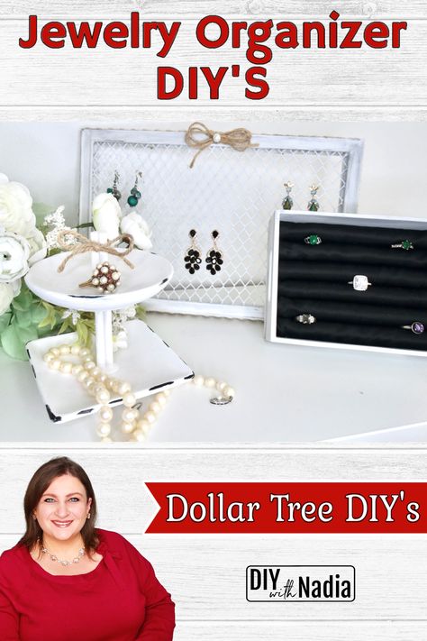 Dollar Tree Jewelry Organize DIY Tutorial | 3 Easy DIY's Dollar Tree Jewelry Organizer Diy, Dollar Tree Jewelry, Diy Necklace Stand, Diy Jewelry Organizer, Jewelry Box Ideas, Dollar Store Diy Organization, Organizer Diy, Diy Jewelry Display, Tree Jewelry