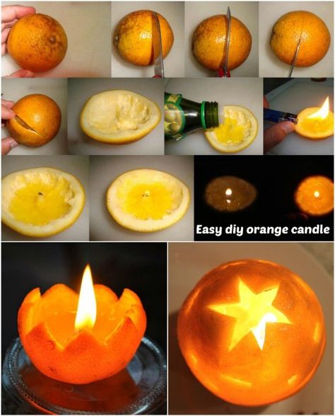 DIY Orange Candle- Start by slicing your orange in half. Do not slice through the part where the stem was so slice perpendicularly to that part. Next, remove the flesh from inside the orange, but be careful not to remove the part that sticks out inside where the stem used to connect. This becomes the “orange wick.” Now, pour a little olive oil into the orange half. You can take the other half and remove the flesh from it as well, and then use it to cover the bottom half. Diy Orange Candle, Kitchen Life Hacks, Candle Projects, Orange Candle, Party Hacks, Trendy Kitchen, Eve Parties, New Years Eve Party, Diy Candles