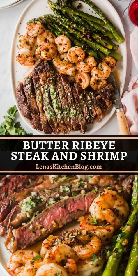 This juicy and savory surf and turf recipe is the perfect choice for date night. Succulent Ribeye Steak and pan-seared shrimp are drizzled in creamy garlic butter to make each bite burst with flavor. Keto Surf And Turf Recipes, Surf And Turf Grill Recipes, Garlic Butter Steak And Shrimp, Grilled Food Ideas Meat, Surf & Turf, Steak And Asparagus Recipes, Steak And Shrimp Dinner Ideas, Surf And Turf Side Dishes, Garlic Butter Ribeye Steak