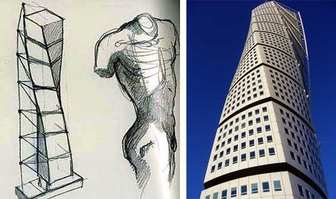 Implied motion: Santiago Calatrava's "Turning Torso" building in Sweden takes it's inspiration from... a turning torso and implies the motion of the upper body. (Sketch on left, building on right) Santiago Calatrava Sketches, Calatrava Architecture, Turning Torso, Building Sketch, Architecture Logo, Santiago Calatrava, Architecture Tattoo, Urban Park, Plan Drawing