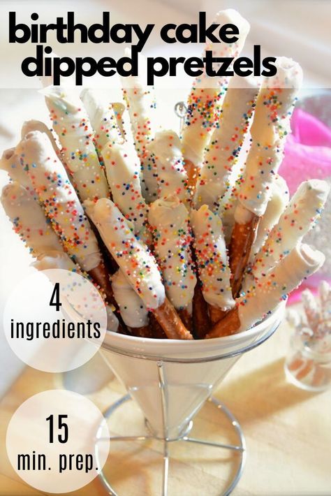 Birthday Cake Pretzels, Pretzel Rods Dipped Birthday Parties, Dipped Pretzel Rods How To Make, Birthday Pretzel Rods, Pretzel Rods Dipped Recipe, Birthday Pretzels, Pretzel Dipped, Birthday Cake Dip, Chocolate Covered Pretzels Recipe