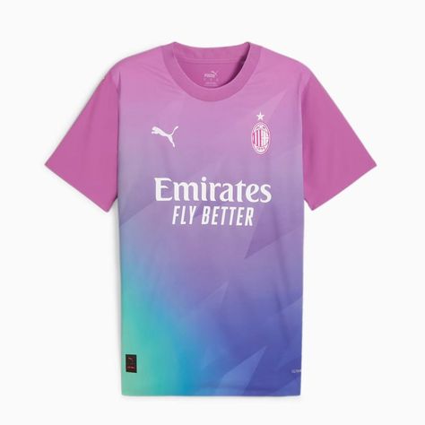 The Kitman - Football kit news from Italy as images of the new AC Milan 2023-24 Puma third shirt have appeared online ahead of its official unveiling on Thursday. The new 2023-24 AC Milan third jersey features a pink, purple and turquoise gradient with a subtle triangular pattern. Both the Puma logo on the right breast and the [...] The post AC Milan 2023-24 Puma Third Shirt appeared first on The Kitman - Old, Classic, Vintage & Retro Football Shirts & Football Kits. Turquoise Gradient, Theo Hernandez, Triangular Pattern, Retro Football Shirts, Club Badge, Puma Tshirt, Puma Logo, Retro Football, Football Outfits