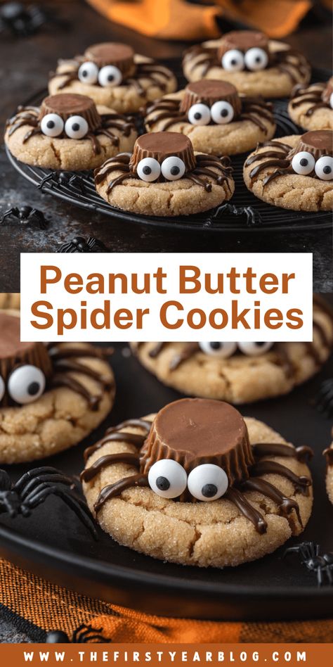 Soft and chewy peanut butter cookies topped with Reese's, melted chocolate, and candy eyes, these peanut butter spider cookies are both easy and fun to make. The perfect Halloween dessert for your next party! Peanut Butter Spider Cookies, Dessert Halloween, Halloween Cookie Recipes, Cookies Halloween, Spider Cookies, Fun Halloween Treats, Homemade Cookie, Fall Baking Recipes, Halloween Fest