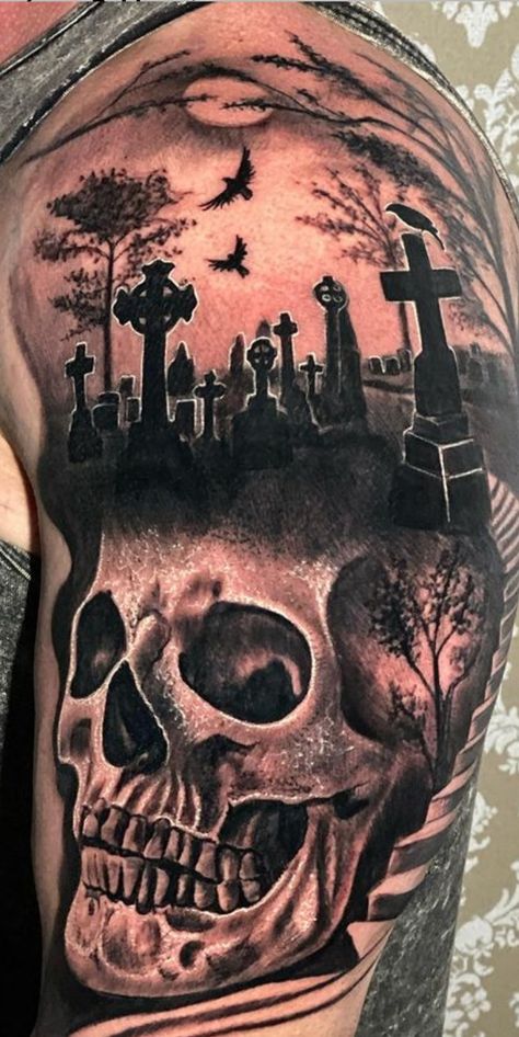 Saved Tattoo Ideas, Graveyard Scene Tattoo, Grim Reaper Graveyard Tattoo, Grave Yard Tattoos Designs, Cemetery Tattoo Design, Graveyard Tattoo Design, Graveyard Tattoos, Gravestone Tattoo, Macabre Tattoo