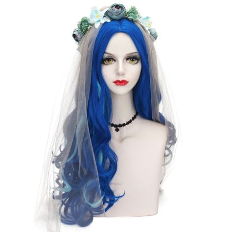 🔥$30.99 1 wig +1 Veil + 1 Flower Crown + 1 Wig Cap Veil Flower Crown, Corpse Bride Costume, Queen Of Hearts Costume, Bride Costume, Bride Veil, Blue Wig, Half And Half, Corpse Bride, Hair Detangler