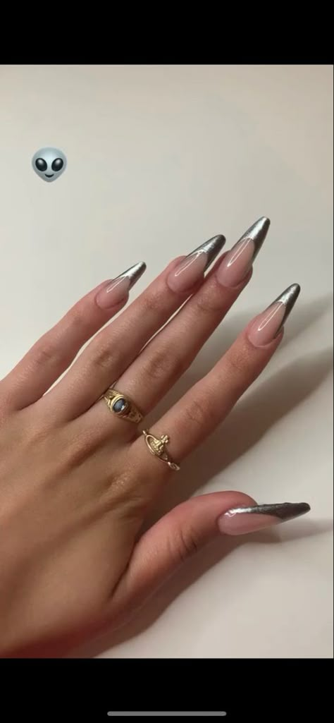 Silver French Tip Nails Stilleto, French Tip Nails Sliver, Matalic Nails Acrylic Silver, Silver Almond Acrylic Nails, Silver Nails French Tip, Silver Chrome Nails French Tip, Shiny French Tip Nails, French Silver Nails, Silver Nails Long